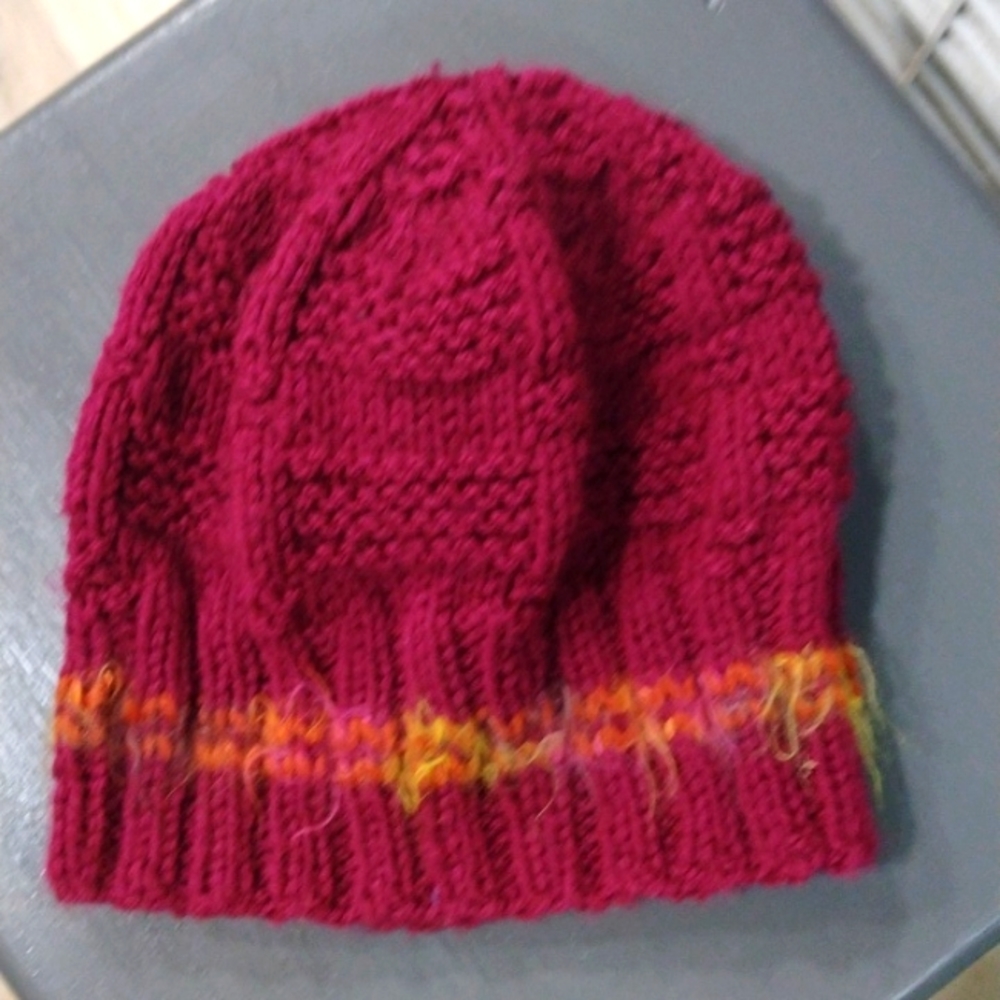 Maroon Knitted beanie with multicolor mohair like accent. Size sm/md